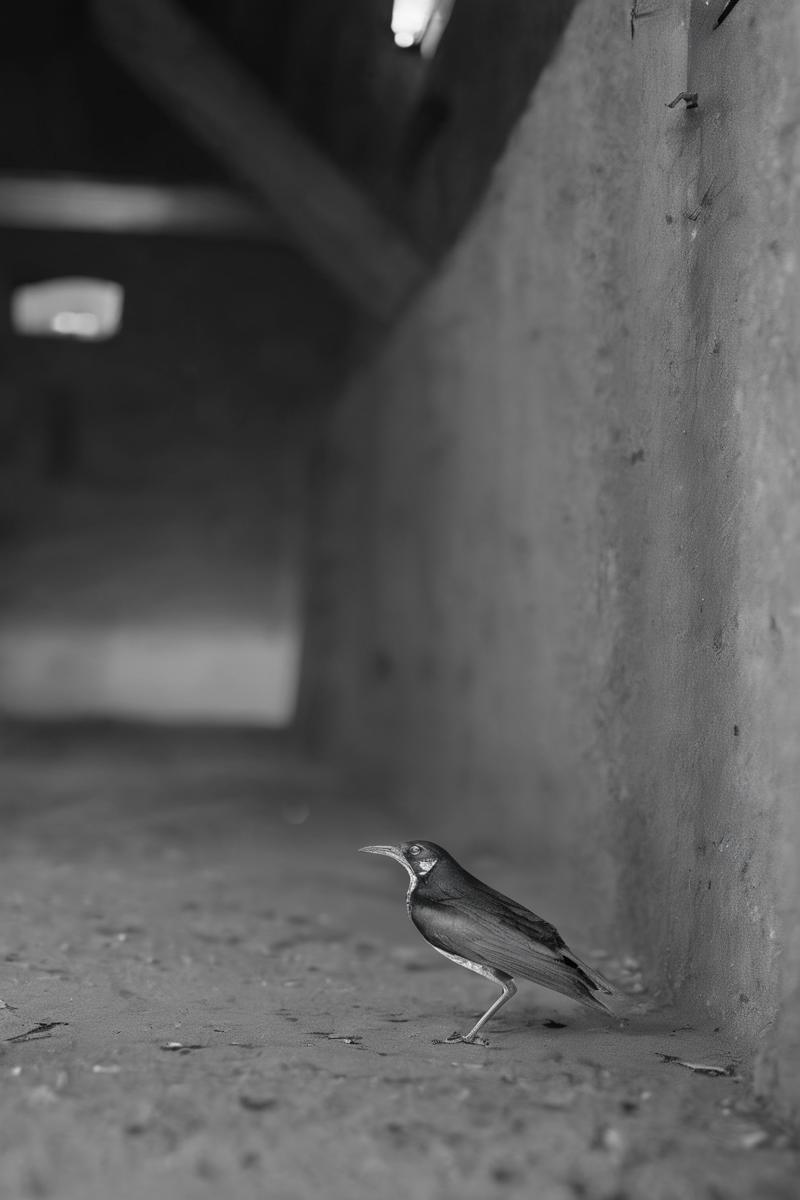 00082-3430792704-_lora_Photographer Elena Helfrecht Style_1_Photographer Elena Helfrecht Style - a black and white photo of a bird on the ground.png